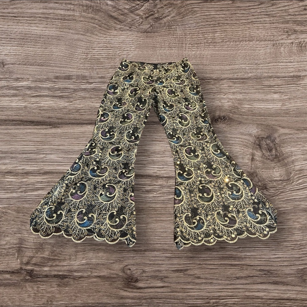 Sheer Women’s Flare Leg Scalloped Pants Embroidered Gold Sequins Size Medium